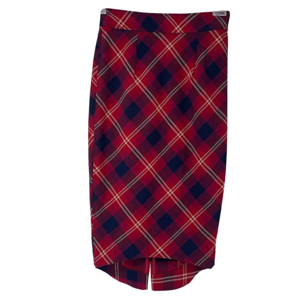Free People Skirt Geometric Precision Plaid Pencil Red High Low Womens Size 2